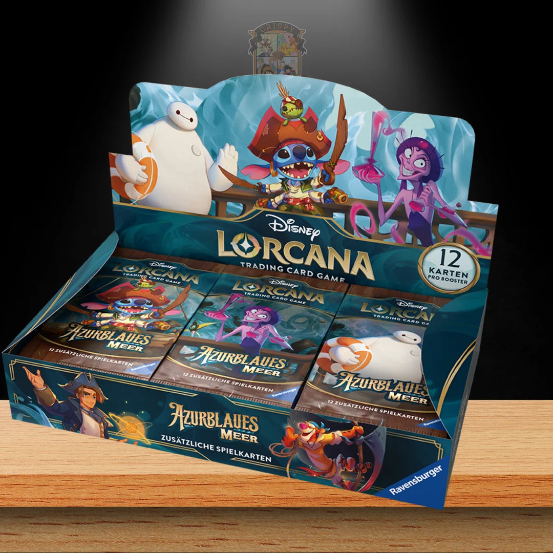 Disney Lorcana Azurite Sea Display mit 12 Karten aus dem maritimen Abenteuer des Trading Card Games.
