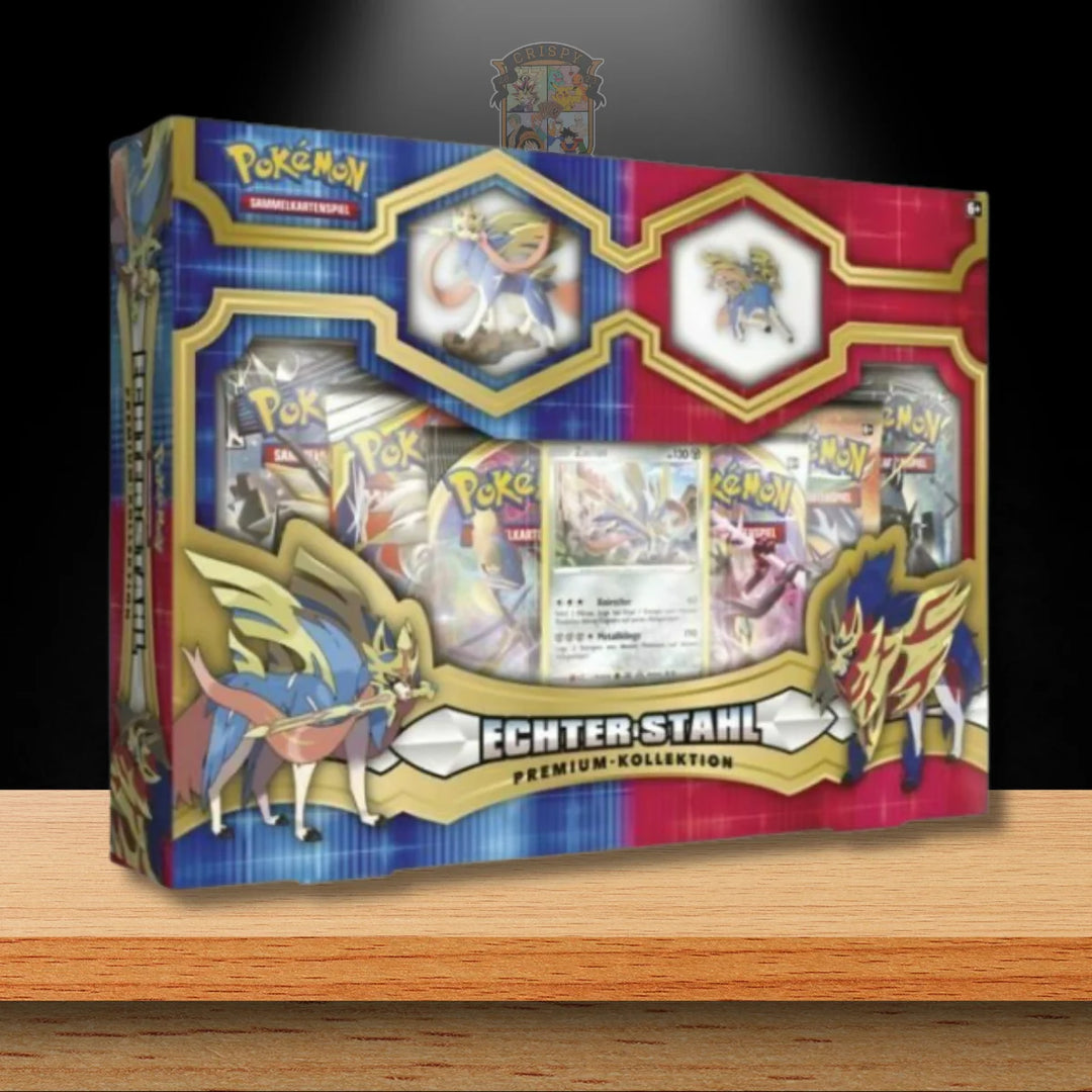 Echter Stahl Premium Figuren & Pin Kollektion - Zacian, exklusive Pokémon Sammlerbox mit hochwertigen Inhalten.