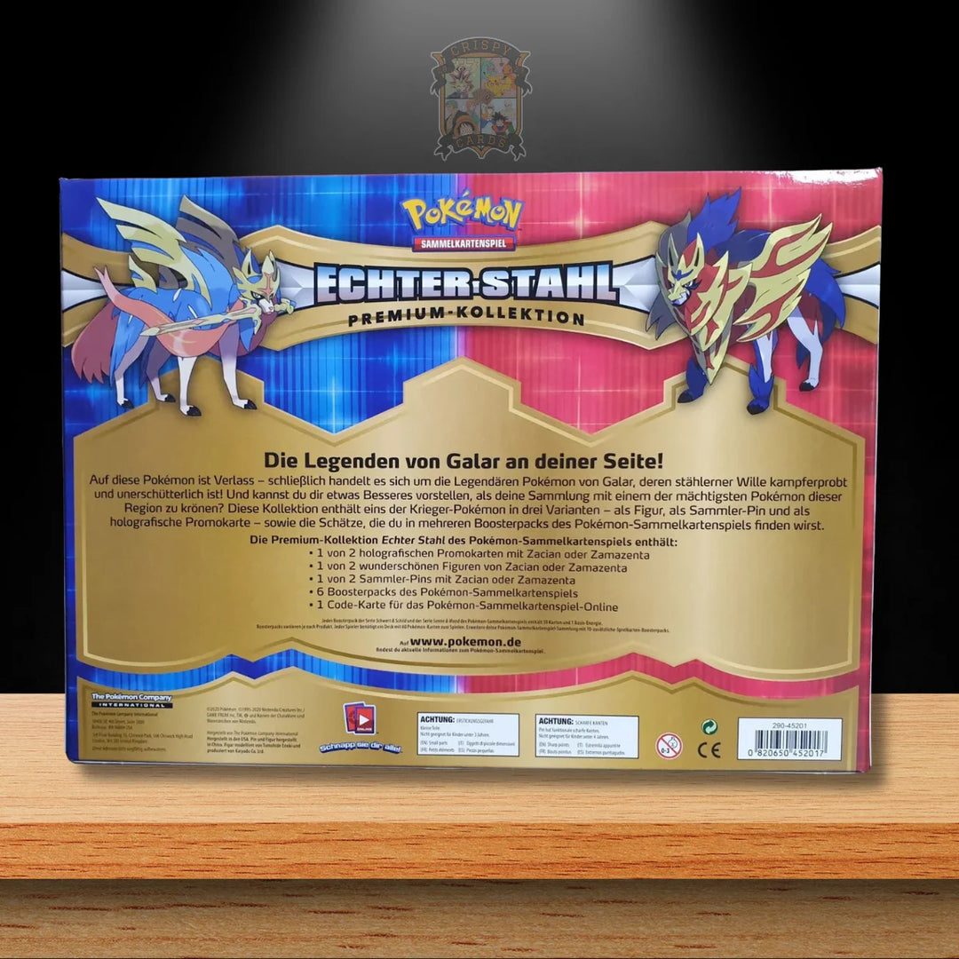 Echter Stahl Premium Figuren & Pin Kollektion - Zacian - Rückseite der Sammlerbox mit Pokémon Motiven