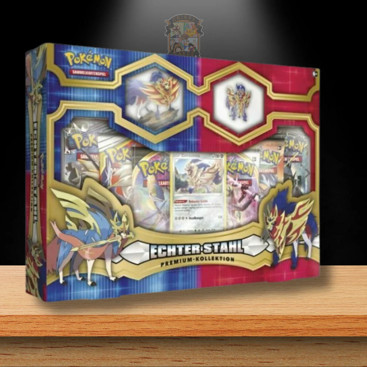 Echter Stahl Premium Figuren & Pin Kollektion - Zamazenta, exklusive Pokémon Sammlerbox mit Figuren und Pins.