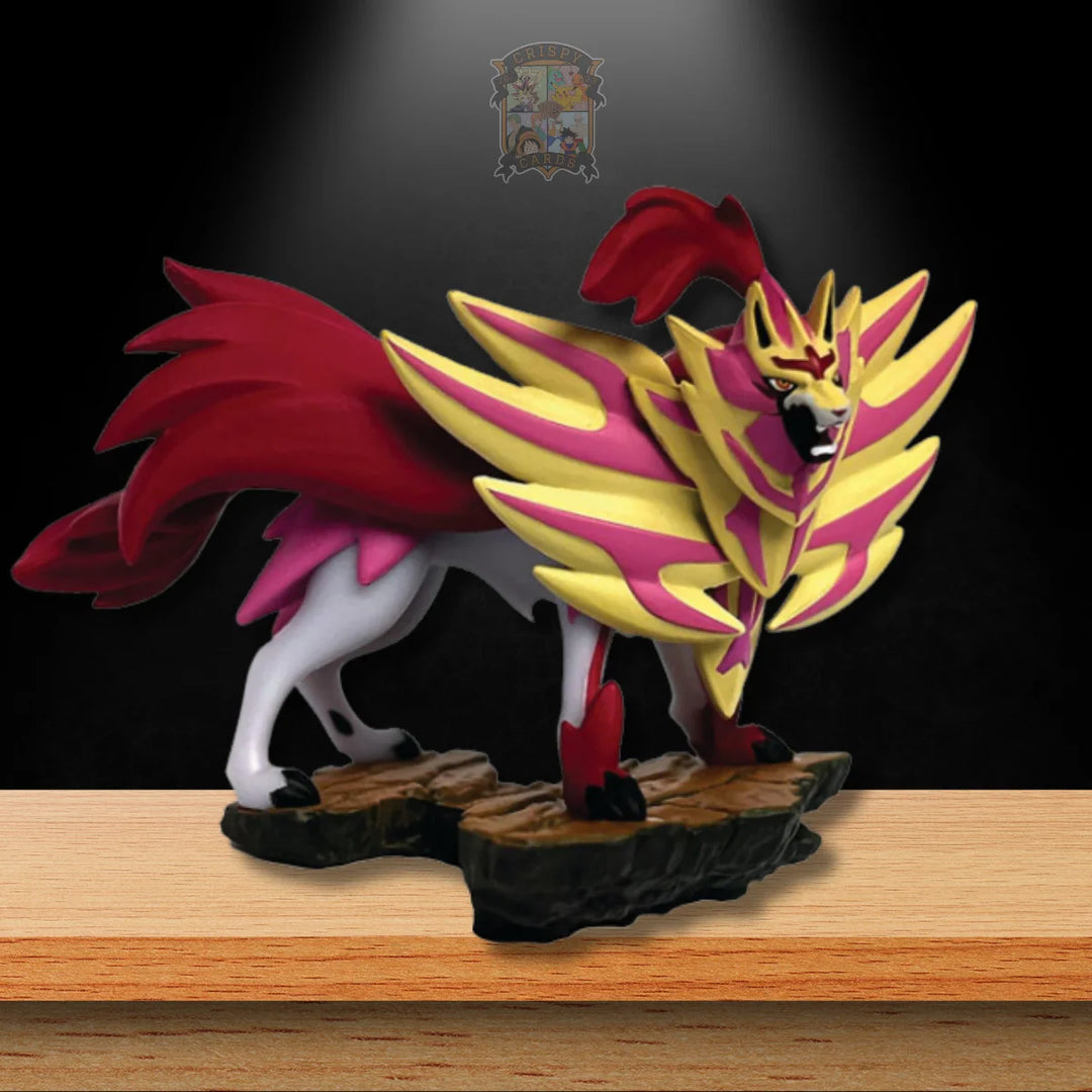 Echter Stahl Premium Figuren & Pin Kollektion - Zamazenta, exklusive Pokémon Figur auf Holzunterlage.