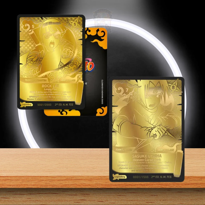 Naruto Mythos TCG Konoha Shido Display 2nd Edition (ENG) mit Gold Karten von Rock Lee und Sasuke Uchiha.