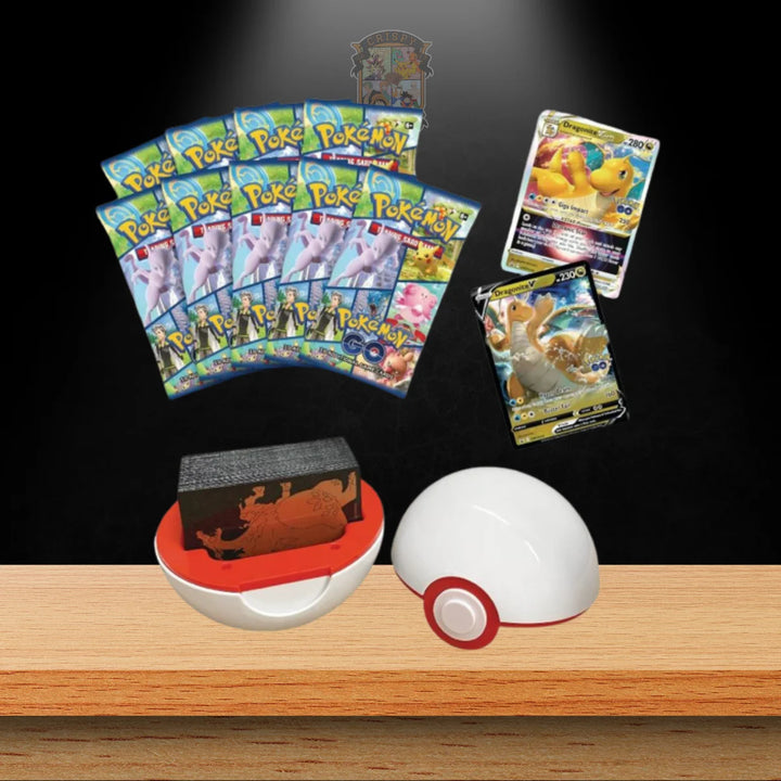 Pokémon Go Dragoran VStar Kollektion mit Booster-Packs, Sammlerkarten und Pokéball.