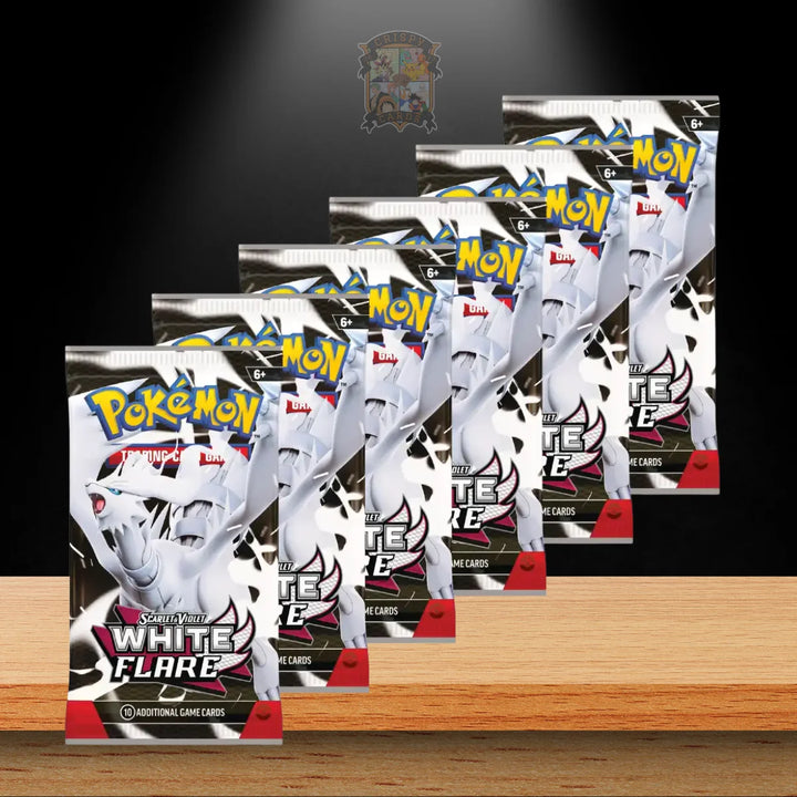 Pokémon White Flare Booster Bundle mit mehreren Booster-Packs auf einem Holzregal
