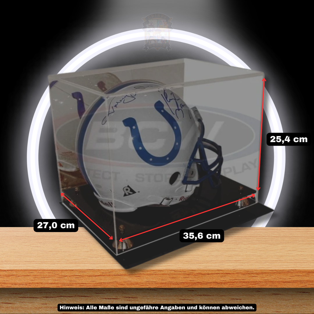 BCW Football Helmet Display Case mit verspiegelter Rückwand und Maßangabe